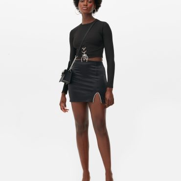 Diamante Split Detail Satin Mini Skirt