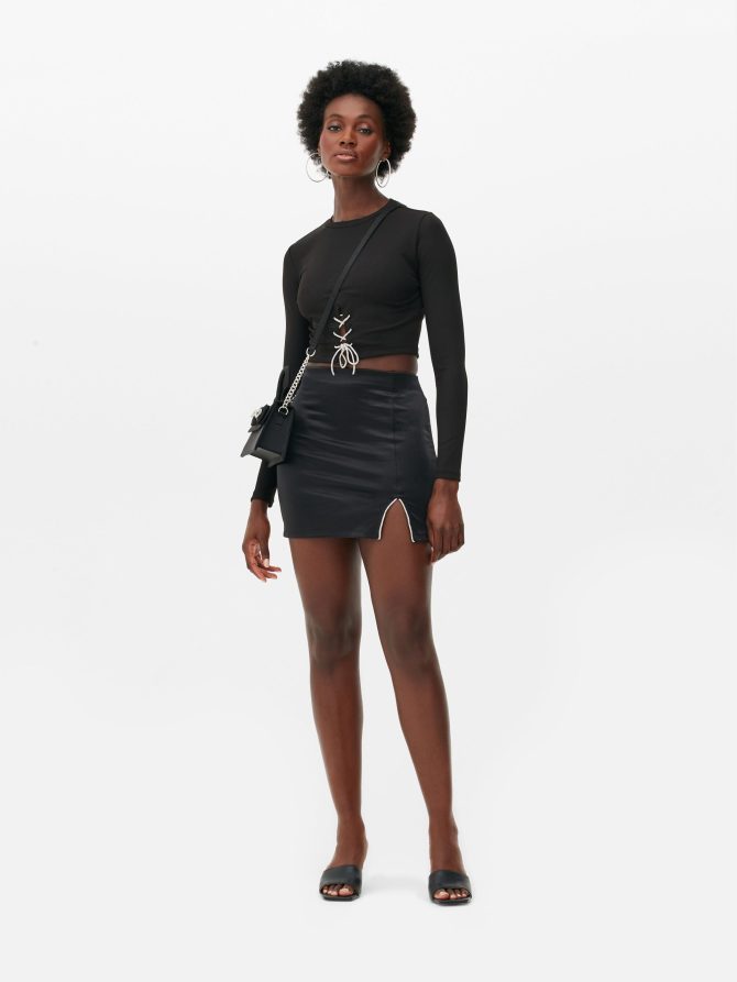 Diamante Split Detail Satin Mini Skirt
