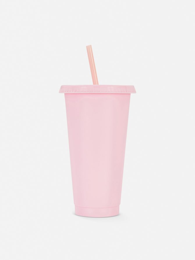 Color Block Lidded Cup With Straw
