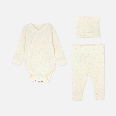 Ribbed Leaf Print Bodysuit, Leggings and Hat Set