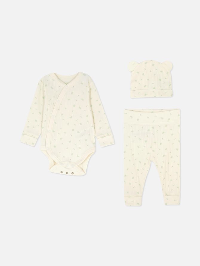 Ribbed Leaf Print Bodysuit, Leggings and Hat Set