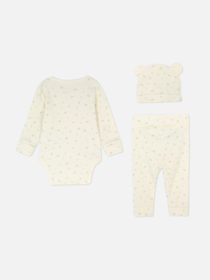 Ribbed Leaf Print Bodysuit, Leggings and Hat Set - Image 2