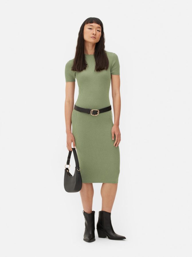 Ribbed Short Sleeve Knit Midi Dress