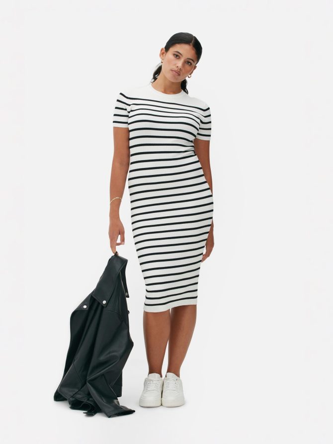 Ribbed Short Sleeve Knit Midi Dress