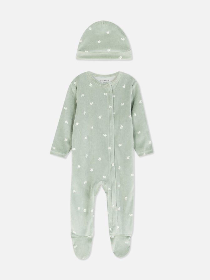 Velour Floral Sleeper & Hat Set