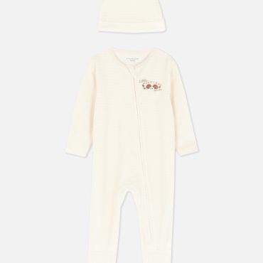 Velour Embroidered Sleeper and Hat Set