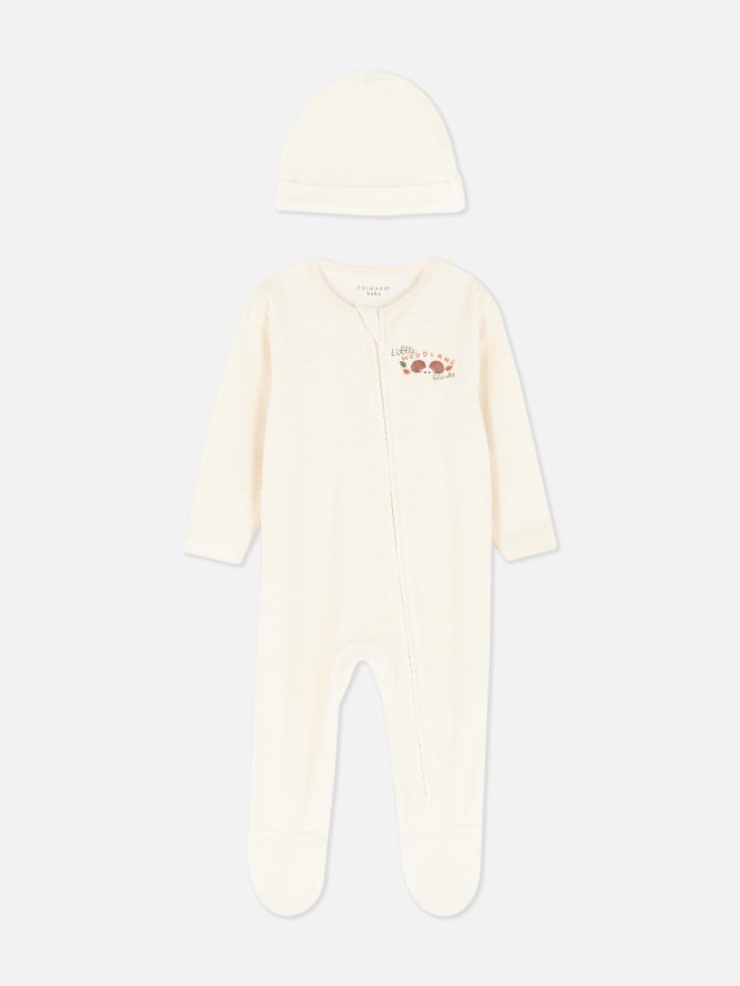Velour Embroidered Sleeper and Hat Set