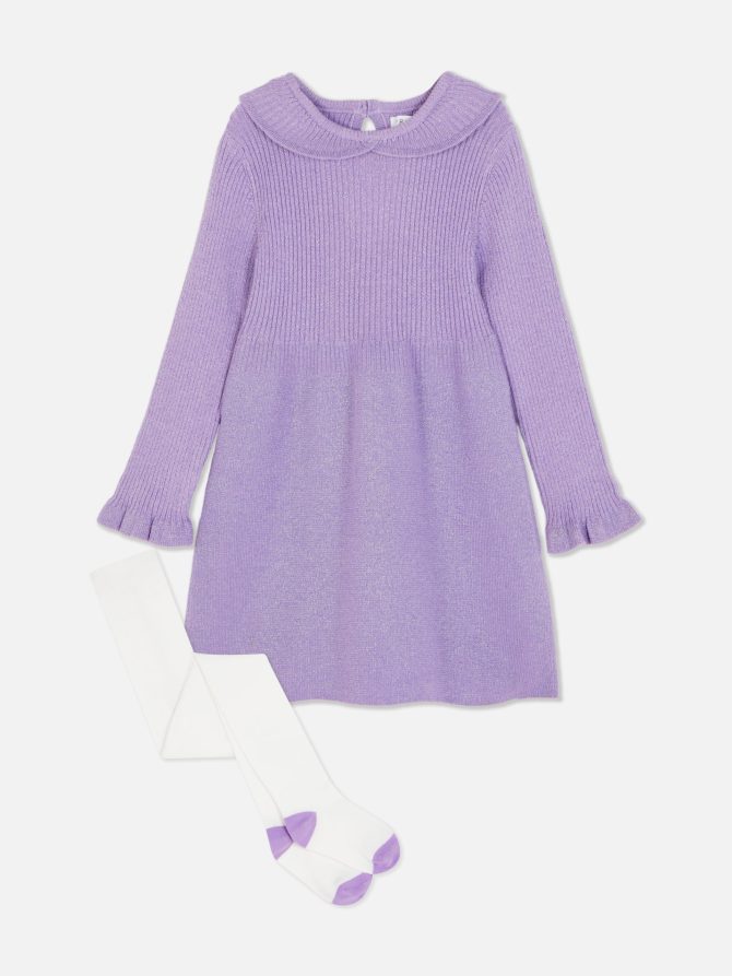 Metallic Knit Dress and Tights Set