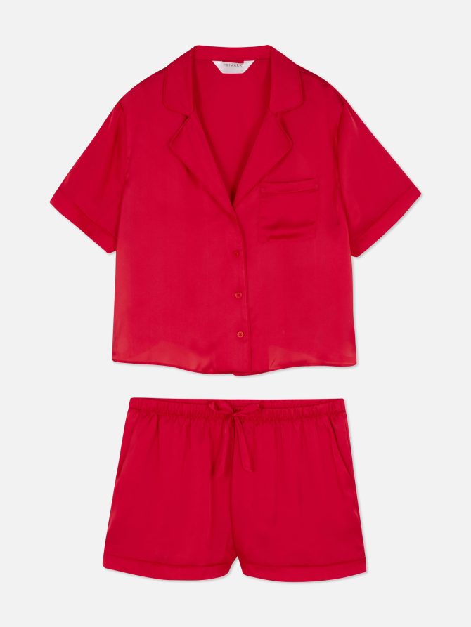 Satin Cropped Pajama Top & Shorts Set