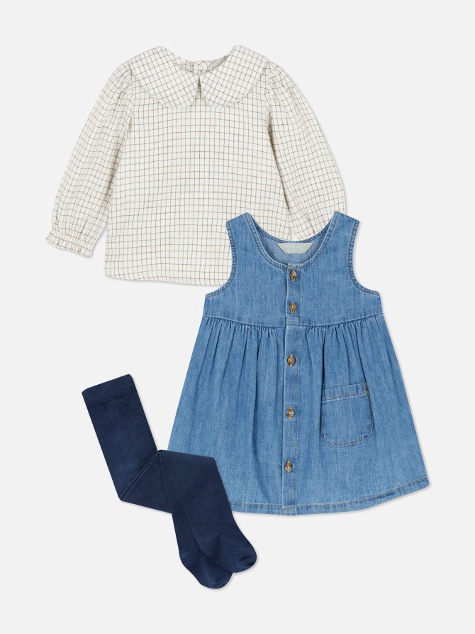 Collared Blouse, Denim Dress and Tights Set - Image 3