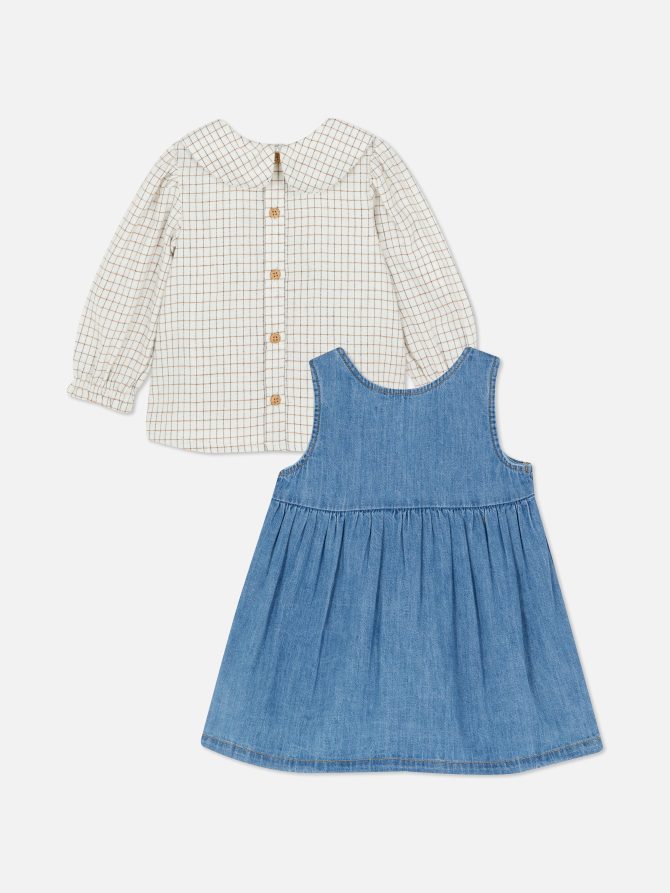 Collared Blouse, Denim Dress and Tights Set - Image 4