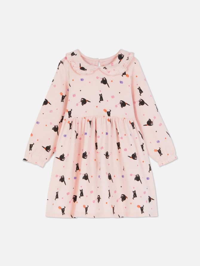 Cat Print Ruffle Dress
