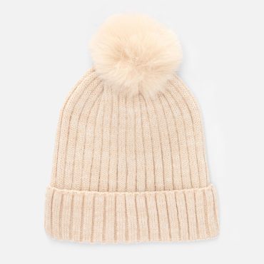 Ribbed Faux Fur Pompom Beanie
