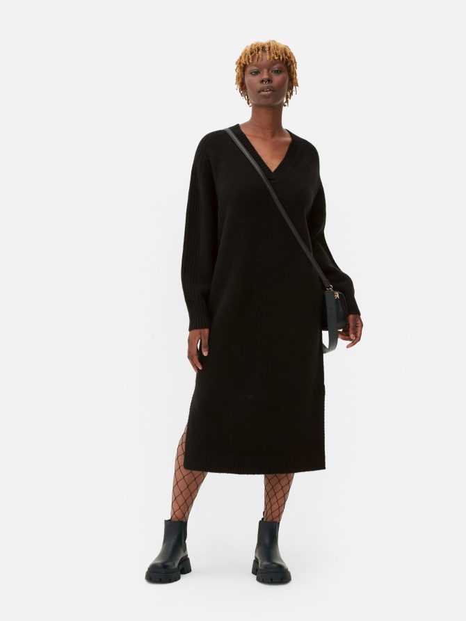 V-Neck Midi Sweater Dress