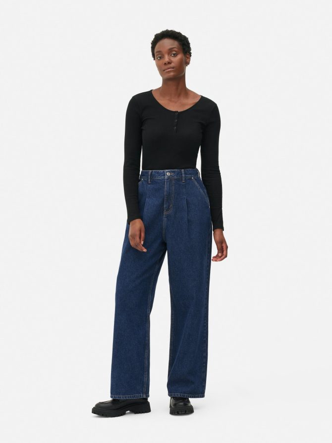 Pleat Front Wide Leg Jeans