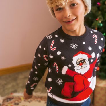 Kids’ Snowboarding Santa Christmas Sweater