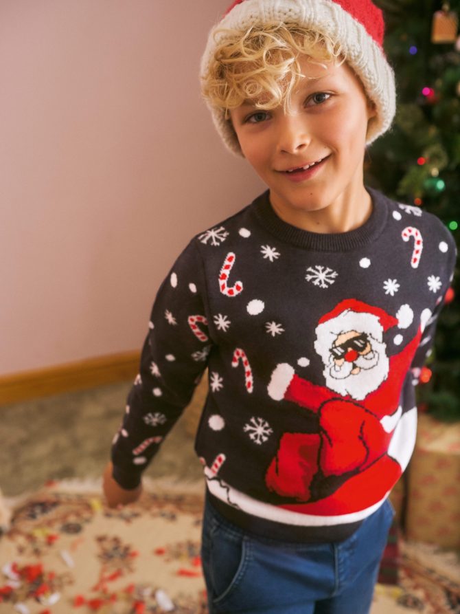 Kids’ Snowboarding Santa Christmas Sweater