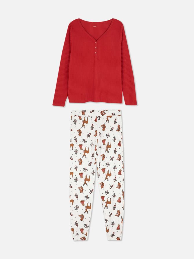 Winter Print Ribbed-Top Pajamas