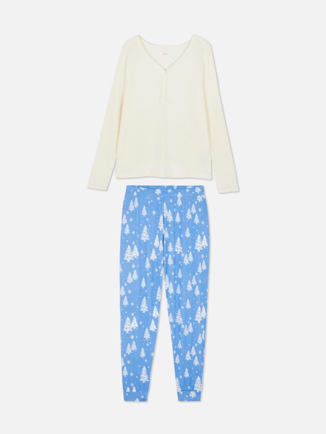 Winter Print Ribbed-Top Pajamas