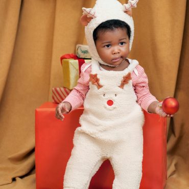 Christmas Reindeer Bodysuit, Overalls and Knit Hood Set