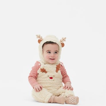 Christmas Fleece Bodysuit, Overalls and Knit Hood Set