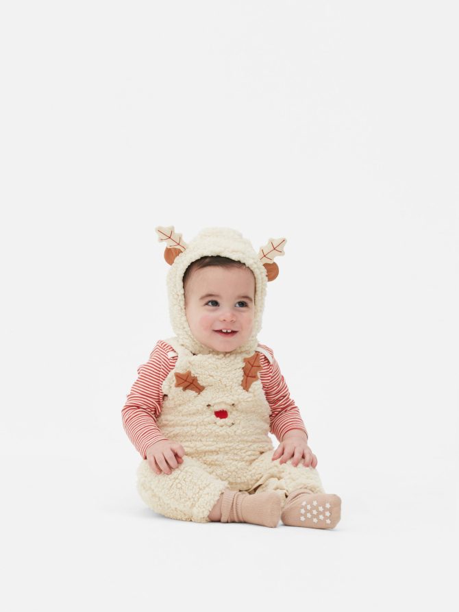 Christmas Fleece Bodysuit, Overalls and Knit Hood Set