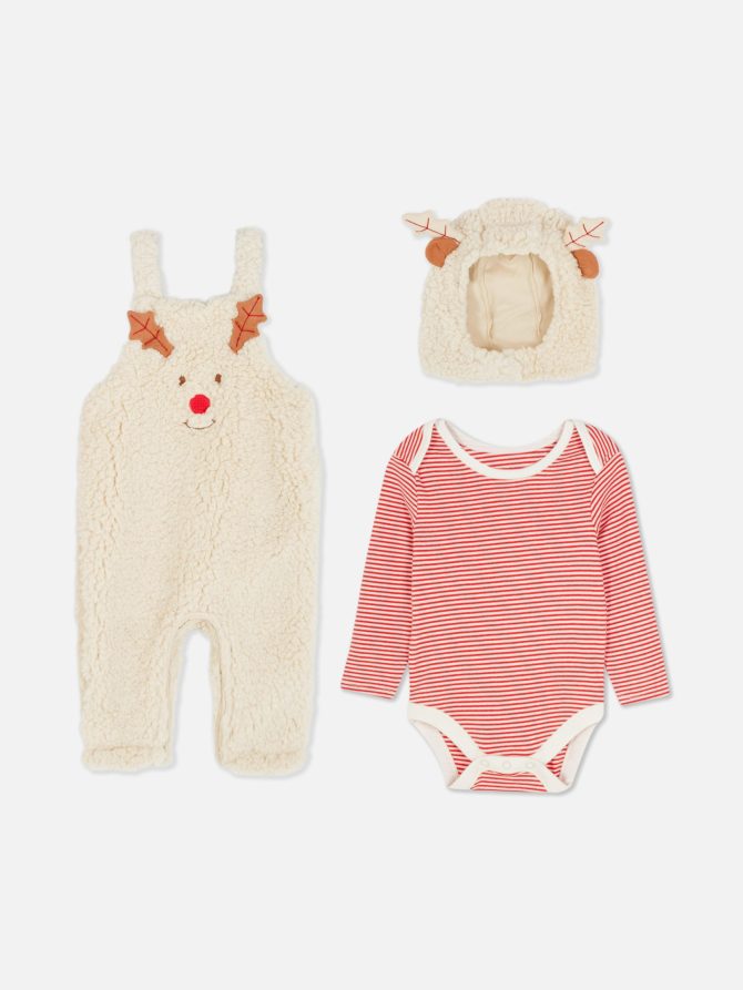 Christmas Fleece Bodysuit, Overalls and Knit Hood Set - Image 3