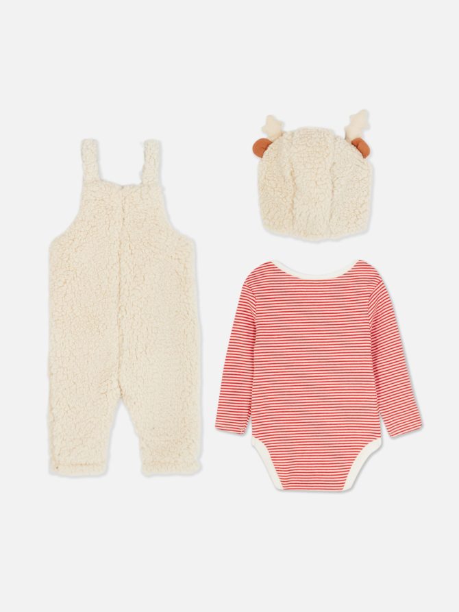 Christmas Fleece Bodysuit, Overalls and Knit Hood Set - Image 4