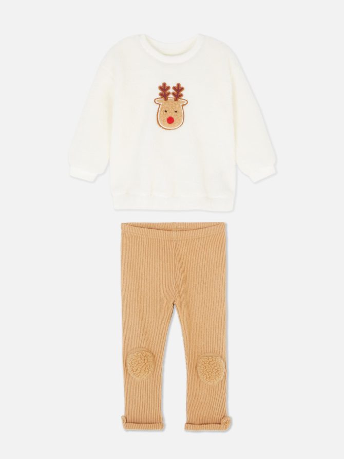 Fleece Reindeer Sweatshirt and Leggings Set - Image 3