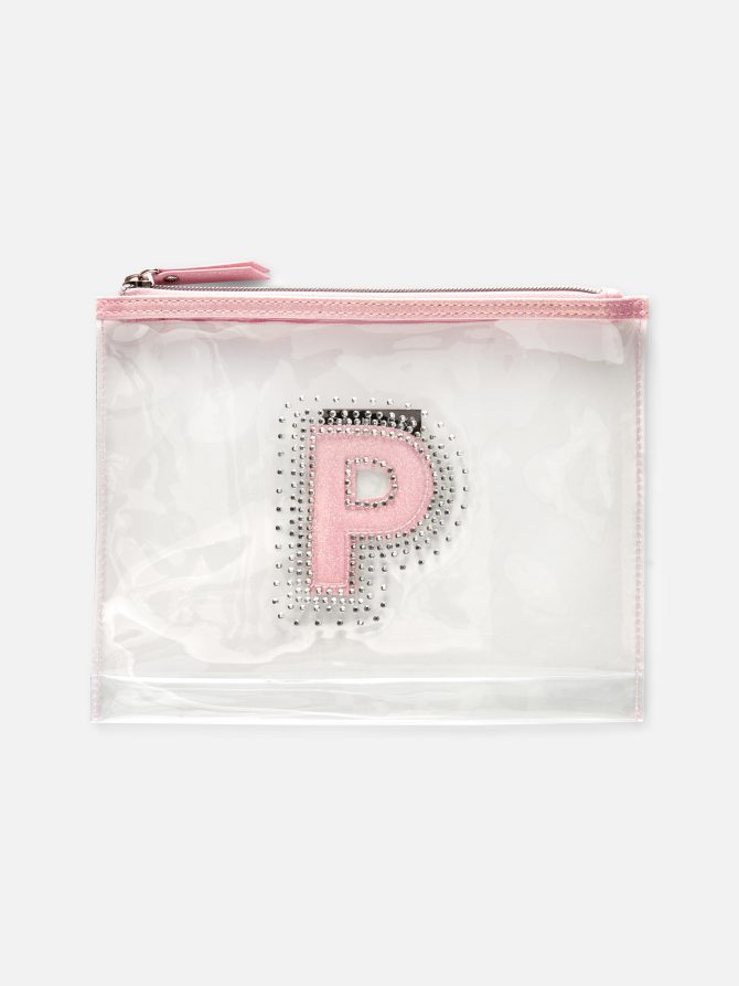 Rhinestone Initial Transparent Makeup Pouch