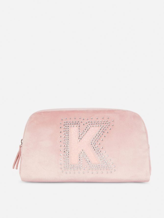 Rhinestone Initial Velvet Makeup Bag