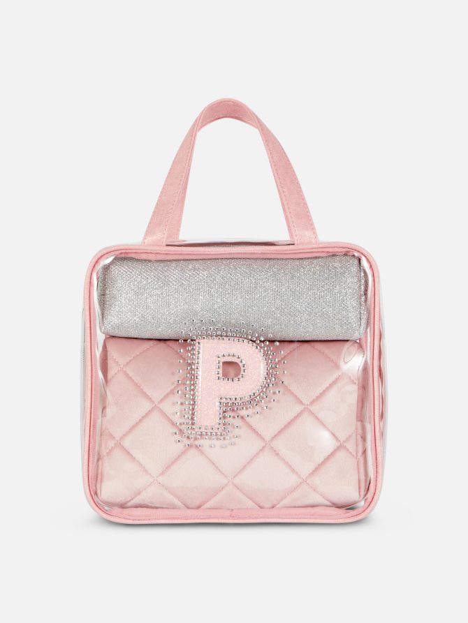 3-in-1 Rhinestone Initial Makeup Bag