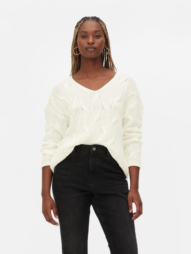 V-Neck Cable Knit Sweater - Image 2