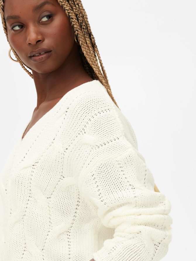 V-Neck Cable Knit Sweater - Image 3