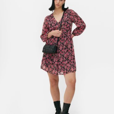 Rose Print Long Sleeve Mini Dress