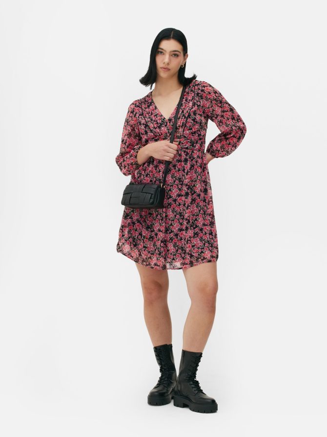 Rose Print Long Sleeve Mini Dress