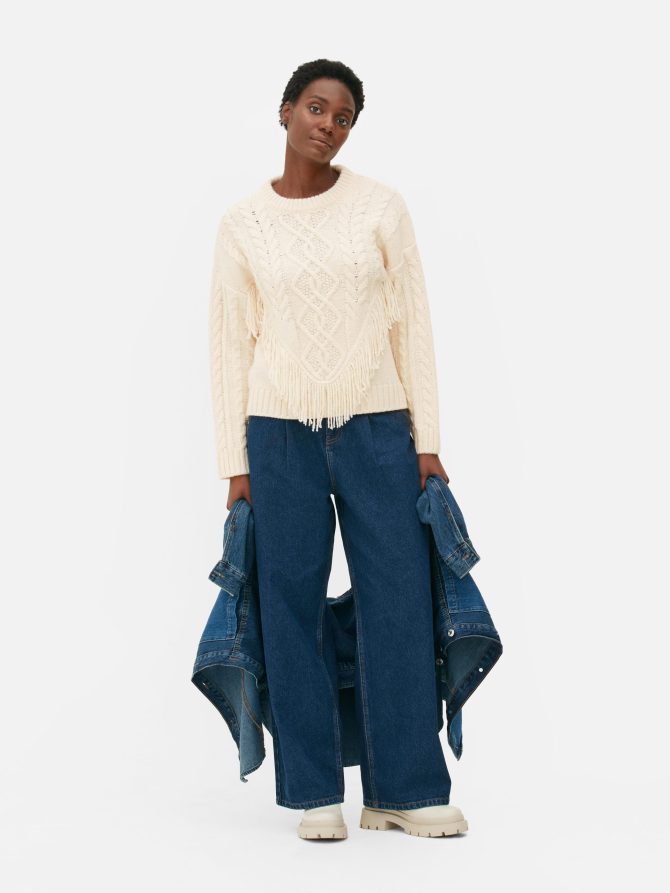 Cable Knit Fringed Sweater