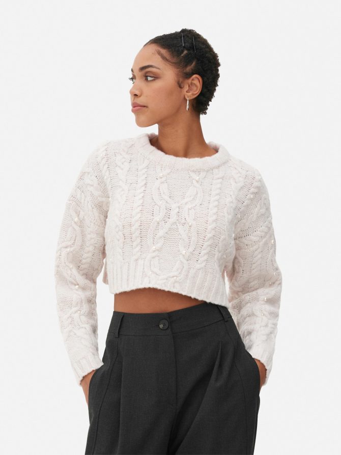 Faux Pearl Cable Knit Sweater - Image 2