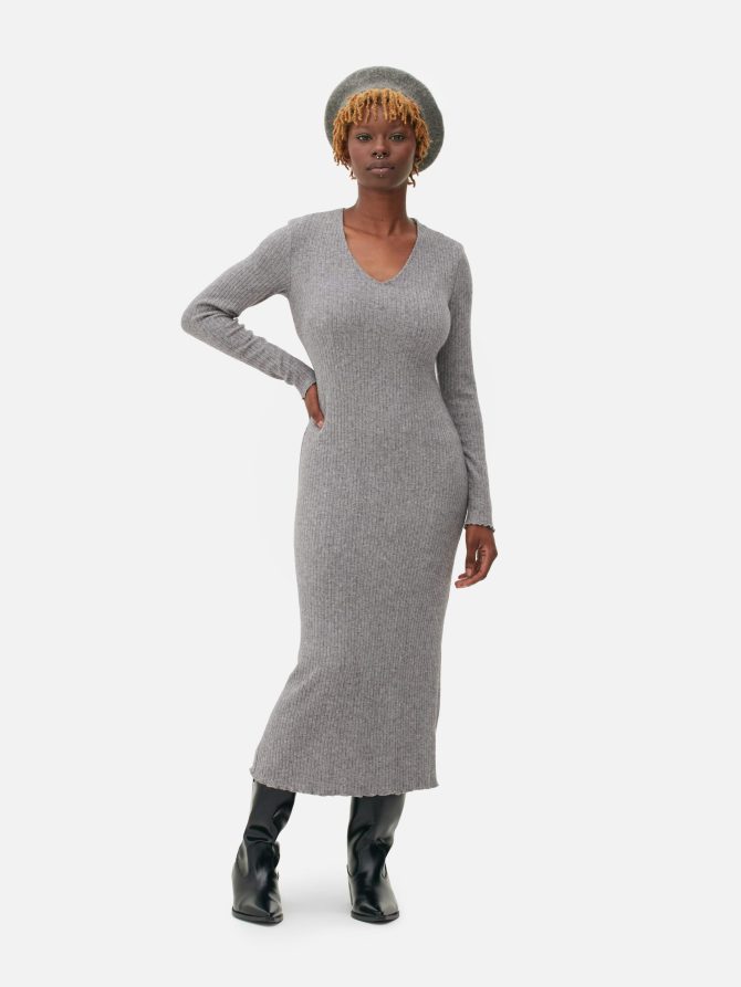 Ribbed V-Neck Midi Dress