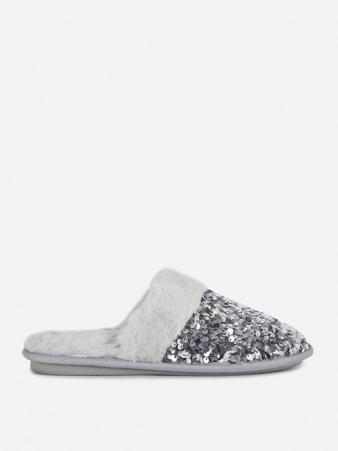 Sequin Faux Fur Mule Slippers
