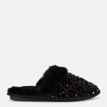 Sequin Faux Fur Mule Slippers