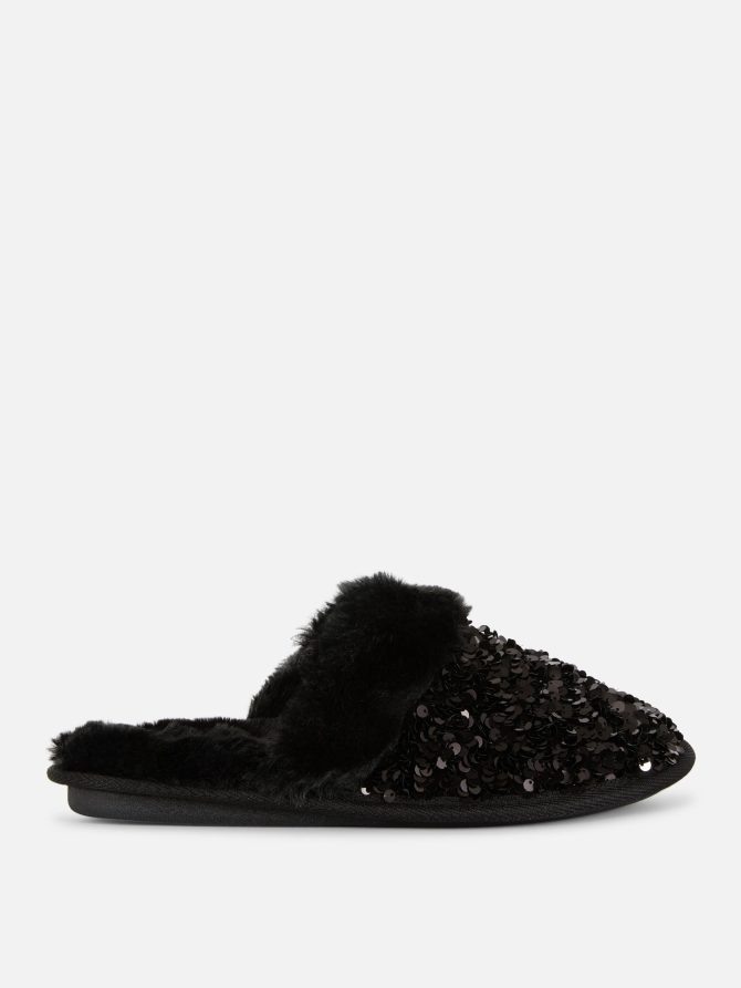 Sequin Faux Fur Mule Slippers