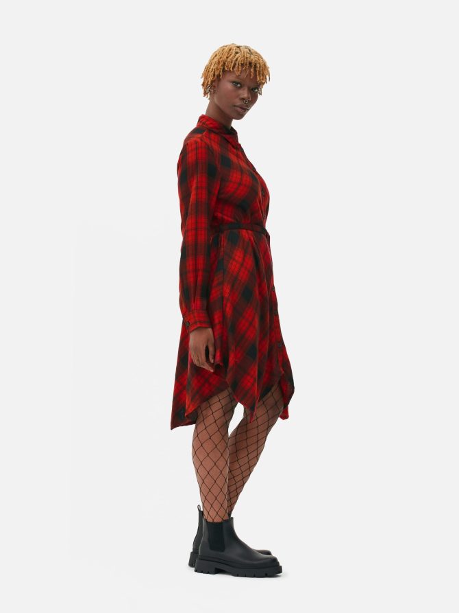 Handkerchief Hem Check Shirt Dress - Image 2