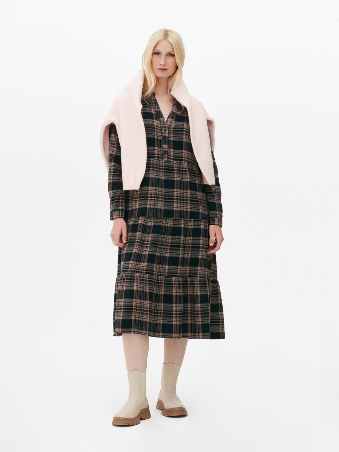 Check Tiered Midi Shirt Dress