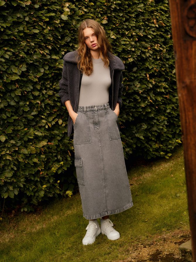 Denim Cargo Midi Skirt