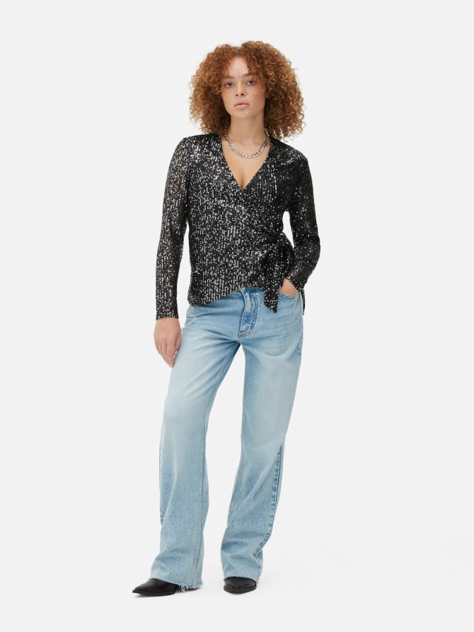 Sequin Long Sleeve Wrap Top