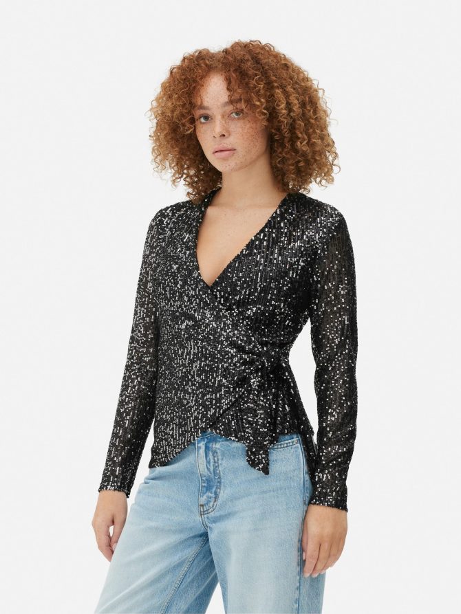 Sequin Long Sleeve Wrap Top - Image 2