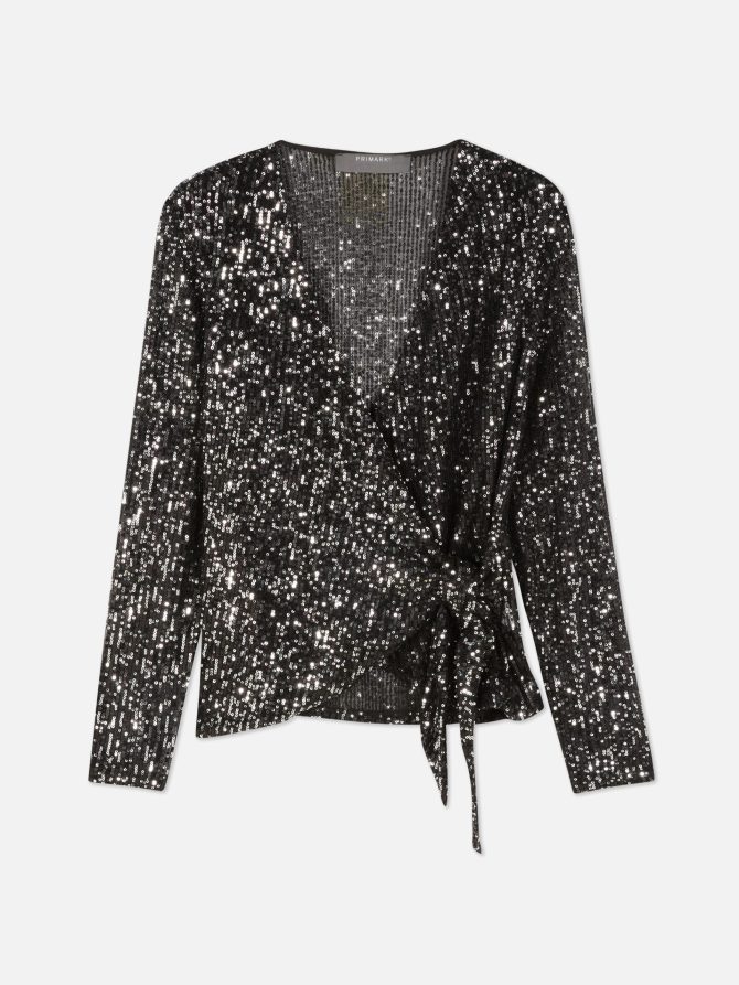 Sequin Long Sleeve Wrap Top - Image 5