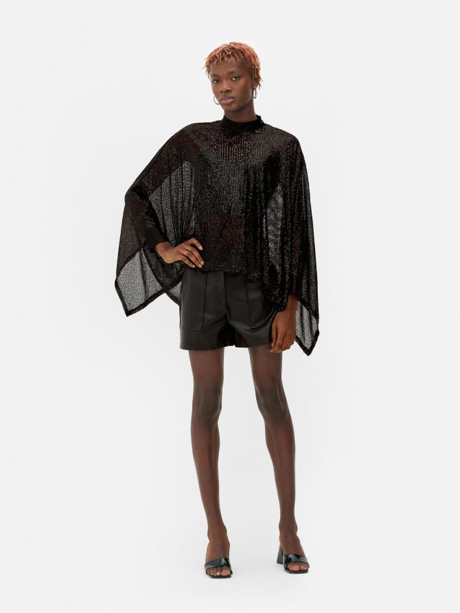 Sheer Sequin Handkerchief Hem Cape