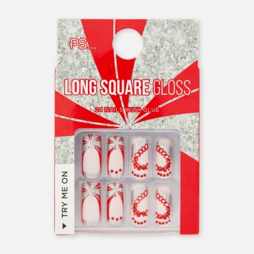 PS Long Square Gloss Candy Cane Faux Nails